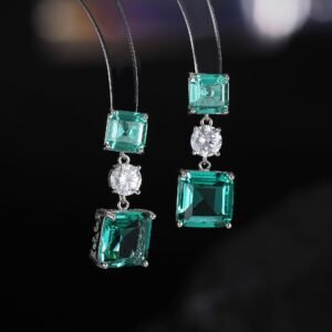 Square crystal drop earrings featuring geometric princess-cut gem drops, round CZ center accents, and 925 sterling silver ear posts.