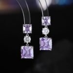 Square crystal drop earrings featuring geometric princess-cut gem drops, round CZ center accents, and 925 sterling silver ear posts.