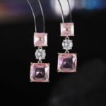 Square crystal drop earrings featuring geometric princess-cut gem drops, round CZ center accents, and 925 sterling silver ear posts.