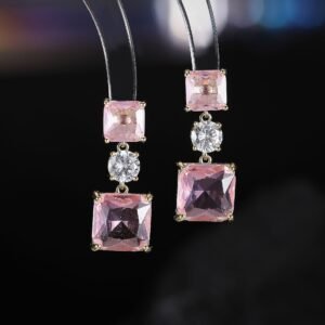 Square crystal drop earrings featuring geometric princess-cut gem drops, round CZ center accents, and 925 sterling silver ear posts.
