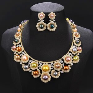 Wholesale Pearl Jewelry Set featuring colorful shell pearls and CZ flower settings on gold plated copper from JuneJewelry.com