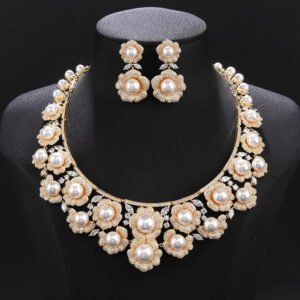 Wholesale Pearl Jewelry Set featuring colorful shell pearls and CZ flower settings on gold plated copper from JuneJewelry.com