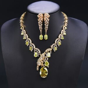 Leopard CZ jewelry set wholesale featuring 3D sculpted panther leopard motifs, tear-drop cubic zirconia stones, statement necklace, and long dangle earrings on 18K gold and palladium plated copper.