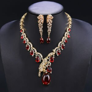 Leopard CZ jewelry set wholesale featuring 3D sculpted panther leopard motifs, tear-drop cubic zirconia stones, statement necklace, and long dangle earrings on 18K gold and palladium plated copper.