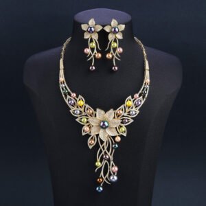 Wholesale Floral Pearl Set featuring colorful shell pearls and CZ flower tassels on gold plated copper from JuneJewelry.com