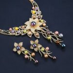 Wholesale Floral Pearl Set featuring colorful shell pearls and CZ flower tassels on gold plated copper from JuneJewelry.com.