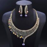 Wholesale Mesh Pearl Set featuring a CZ golden lattice collar with multicolored shell pearl drops on gold plated copper from JuneJewelry.com