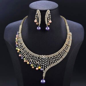 Wholesale Mesh Pearl Set featuring a CZ golden lattice collar with multicolored shell pearl drops on gold plated copper from JuneJewelry.com