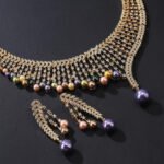 Wholesale Mesh Pearl Set featuring a CZ golden lattice collar with multicolored shell pearl drops on gold plated copper from JuneJewelry.com