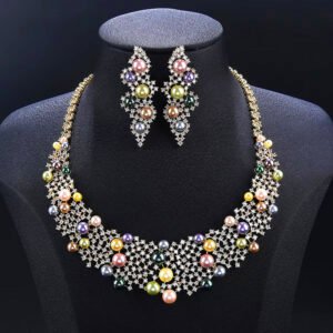 Wholesale Crown Pearl Set featuring a CZ diamond mesh collar with multicolored shell pearls on gold plated copper from JuneJewelry.com – SKU CN11546.795.A.
