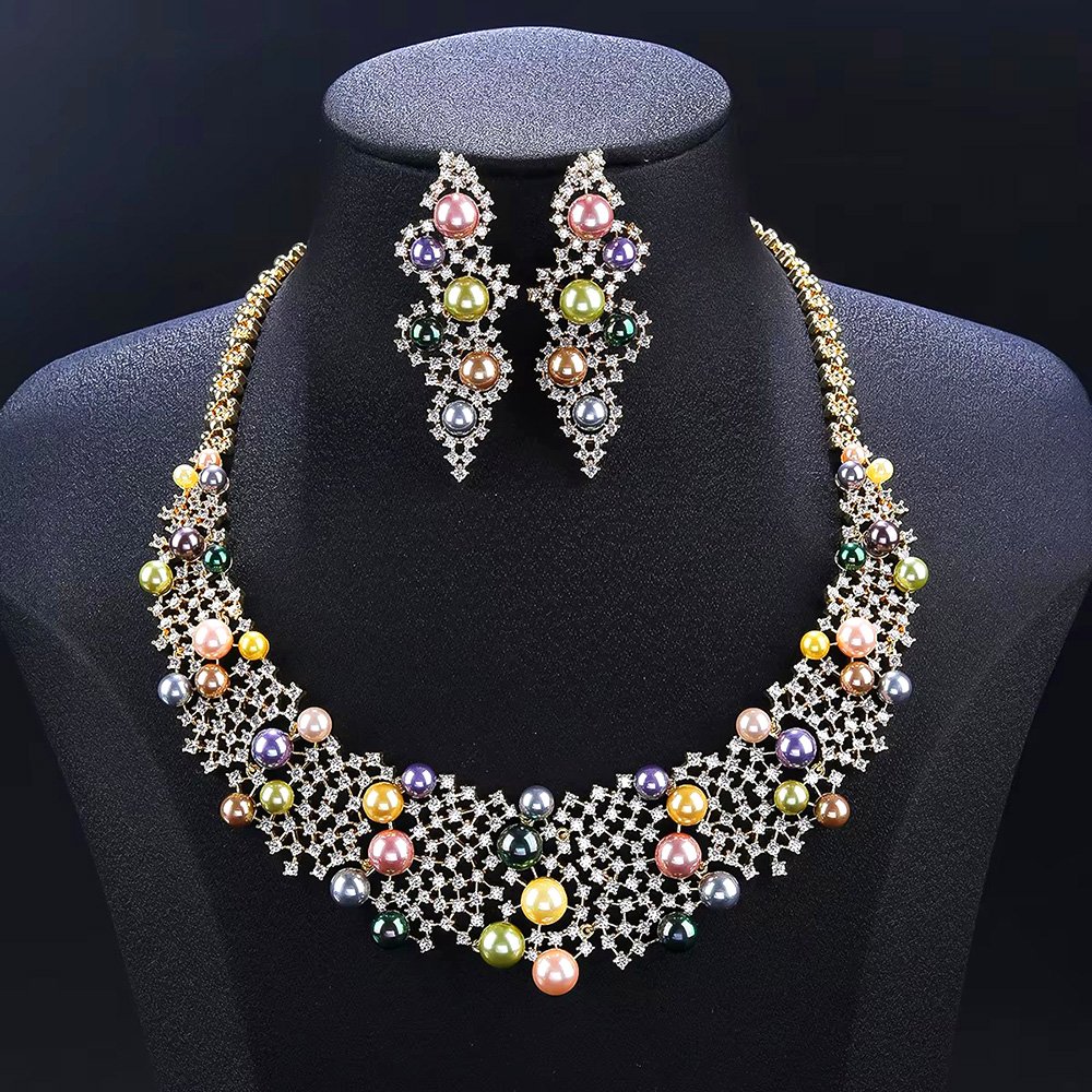 CN11546.795.A Wholesale Crown Pearl Set featuring a CZ diamond mesh collar with multicolored shell pearls on gold plated copper from JuneJewelry.com – SKU CN11546.795.A.