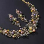 Wholesale Crown Pearl Set featuring a CZ diamond mesh collar with multicolored shell pearls on gold plated copper from JuneJewelry.com – SKU CN11546.795.A.