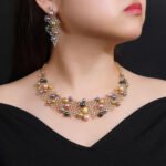 Wholesale Crown Pearl Set featuring a CZ diamond mesh collar with multicolored shell pearls on gold plated copper from JuneJewelry.com – SKU CN11546.795.A.