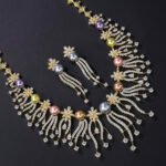 Wholesale Starburst Pearl Set featuring CZ starburst flowers and tassel strands with multicolored shell pearls on gold plated copper from JuneJewelry.com