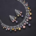 Wholesale Lace Pearl Set featuring CZ paved openwork heart loops with dangling colorful shell pearls on gold plated copper from JuneJewelry.com.
