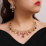 Wholesale Lace Pearl Set featuring CZ paved openwork heart loops with dangling colorful shell pearls on gold plated copper from JuneJewelry.com.
