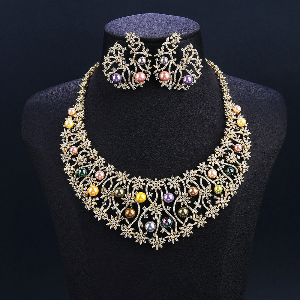 CN11574-001.895.A Wholesale Spiral Pearl Set featuring a CZ spiral vine collar with multicolored shell pearls on gold plated copper from JuneJewelry.com.