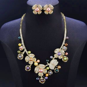 Wholesale Blossom Pearl Set featuring CZ paved flower motifs and dangling colorful shell pearls on gold plated copper from JuneJewelry.com.
