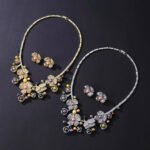 Wholesale Blossom Pearl Set featuring CZ paved flower motifs and dangling colorful shell pearls on gold plated copper from JuneJewelry.com.