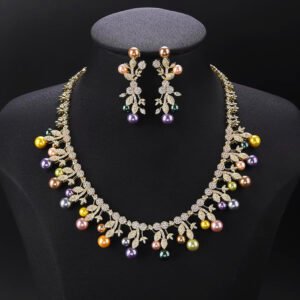Wholesale Vine Pearl Set featuring CZ micro paved olive leaf branches with dangling colorful shell pearls on gold plated copper from JuneJewelry.com.