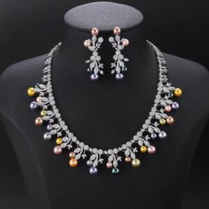 Wholesale Vine Pearl Set featuring CZ micro paved olive leaf branches with dangling colorful shell pearls on gold plated copper from JuneJewelry.com.