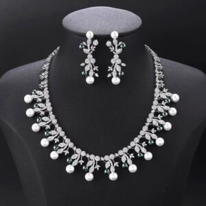 Wholesale Vine Pearl Set featuring CZ micro paved olive leaf branches with dangling colorful shell pearls on gold plated copper from JuneJewelry.com.