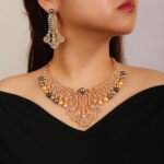 Wholesale Feather Pearl Set featuring a CZ leaf bib necklace with dangling colorful shell pearls on gold plated copper from JuneJewelry.com.