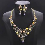 Wholesale Lattice Pearl Set featuring a CZ branch grid collar with colorful shell pearls on gold plated copper from JuneJewelry.com.