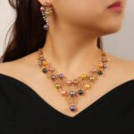 Wholesale Lattice Pearl Set featuring a CZ branch grid collar with colorful shell pearls on gold plated copper from JuneJewelry.com.