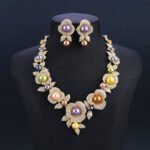 Wholesale Rose Pearl Set featuring CZ paved rose blooms with colorful shell pearls on gold plated copper from JuneJewelry.com.