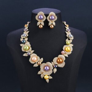 Wholesale Rose Pearl Set featuring CZ paved rose blooms with colorful shell pearls on gold plated copper from JuneJewelry.com.