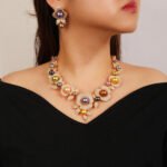 Wholesale Rose Pearl Set featuring CZ paved rose blooms with colorful shell pearls on gold plated copper from JuneJewelry.com.