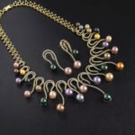 Wholesale Swirl Pearl Set featuring CZ micro paved S-curve links with dangling colorful shell pearls on gold plated copper from JuneJewelry.com.