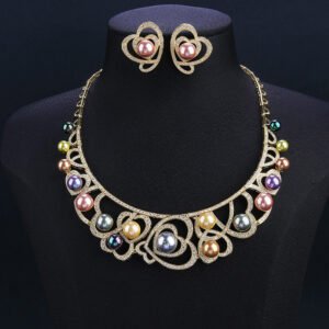 Wholesale Heart Pearl Set featuring CZ paved heart motifs cradling colorful shell pearls on gold plated copper from JuneJewelry.com.