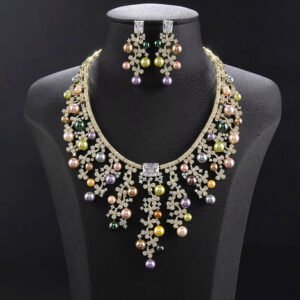 Wholesale Cascade Pearl Set featuring a CZ vine fringe collar with dangling colorful shell pearls on gold plated copper from JuneJewelry.com.