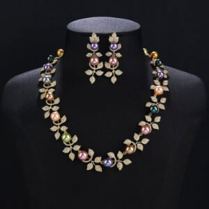 Wholesale Foliage Pearl Set featuring CZ micro paved leaf branches with colorful shell pearls on gold plated copper from JuneJewelry.com.