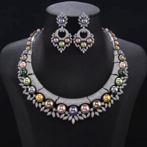 Wholesale Shield Pearl Set featuring CZ micro paved arched plates with colorful shell pearls and marquise leaves on gold plated copper from JuneJewelry.com.