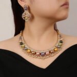 Wholesale Shield Pearl Set featuring CZ micro paved arched plates with colorful shell pearls and marquise leaves on gold plated copper from JuneJewelry.com.