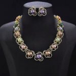 Wholesale Petal Pearl Set featuring CZ micro paved flower motifs with colorful shell pearls on gold plated copper from JuneJewelry.com.