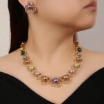 Wholesale Petal Pearl Set featuring CZ micro paved flower motifs with colorful shell pearls on gold plated copper from JuneJewelry.com.