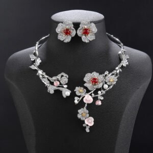 Wholesale Blossom Pearl Set featuring CZ paved cherry blossom branches with red zircons and shell pearls on gold plated copper from JuneJewelry.com.