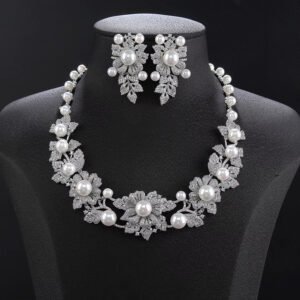 Wholesale Floral Pearl Set featuring pink green CZ flowers and champagne shell pearls on gold plated copper from JuneJewelry.com.
