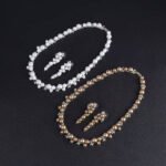 Wholesale Cluster Pearl Set featuring champagne shell pearls and CZ leaf motifs on gold plated copper from JuneJewelry.com.
