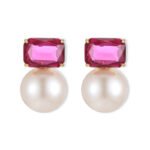 Emerald cut CZ freshwater pearl drop earrings featuring a radiant-cut cubic zirconia stud above a round freshwater pearl with 925 sterling silver ear posts