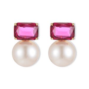 Emerald cut CZ freshwater pearl drop earrings featuring a radiant-cut cubic zirconia stud above a round freshwater pearl with 925 sterling silver ear posts