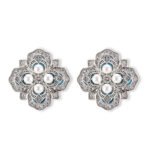Vintage enamel pearl flower stud earrings featuring a four-petal clover motif set with central pearls, micro-pavé CZ halo, rich enamel accents, and 925 sterling silver posts
