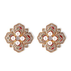 Vintage enamel pearl flower stud earrings featuring a four-petal clover motif set with central pearls, micro-pavé CZ halo, rich enamel accents, and 925 sterling silver posts