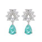 Tear drop crackle CZ teardrop earrings featuring a crystal halo teardrop stud with a suspended ice-crackle gemstone drop and 925 sterling silver ear posts.