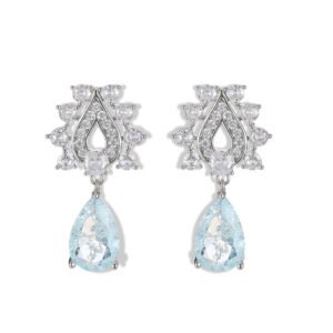 Tear drop crackle CZ teardrop earrings featuring a crystal halo teardrop stud with a suspended ice-crackle gemstone drop and 925 sterling silver ear posts.