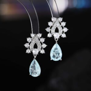 Tear drop crackle CZ teardrop earrings featuring a crystal halo teardrop stud with a suspended ice-crackle gemstone drop and 925 sterling silver ear posts.